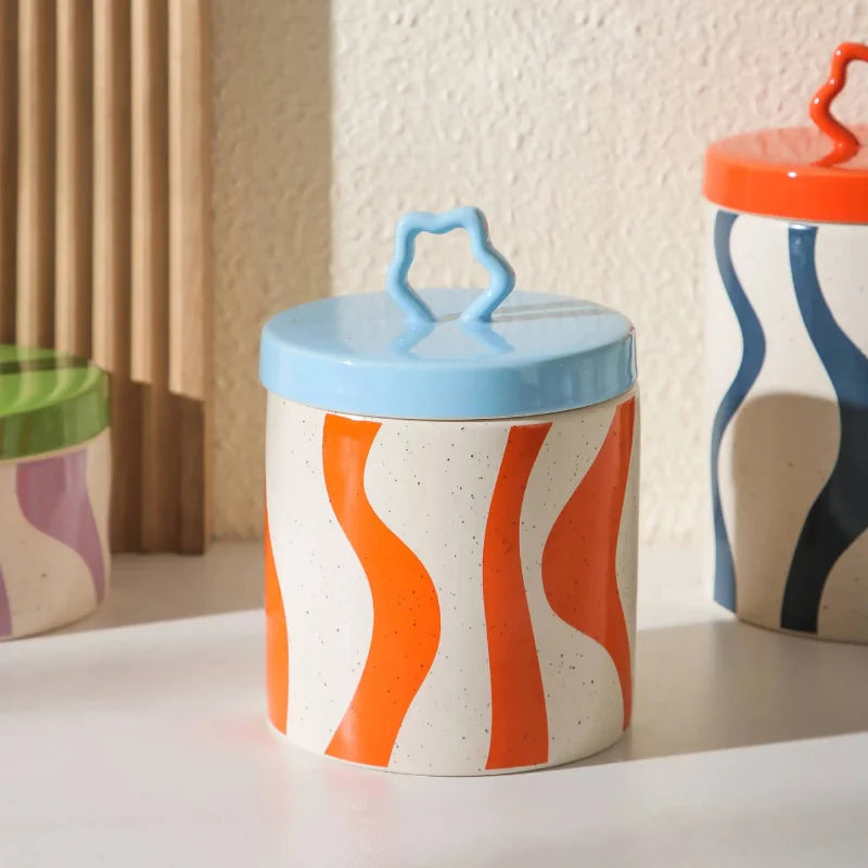 Retro colorful ceramic storage jar with lid wavy design glazed finish kitchen coffee candy container