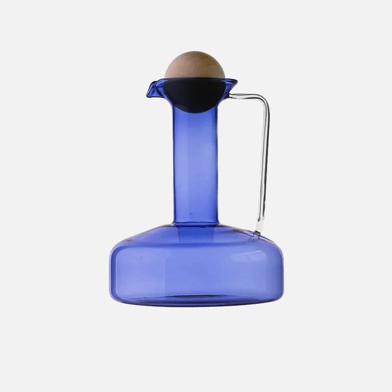 Colorful borosilicate glass kettle set with lid, modern pitcher with cup, pink blue grey clear 