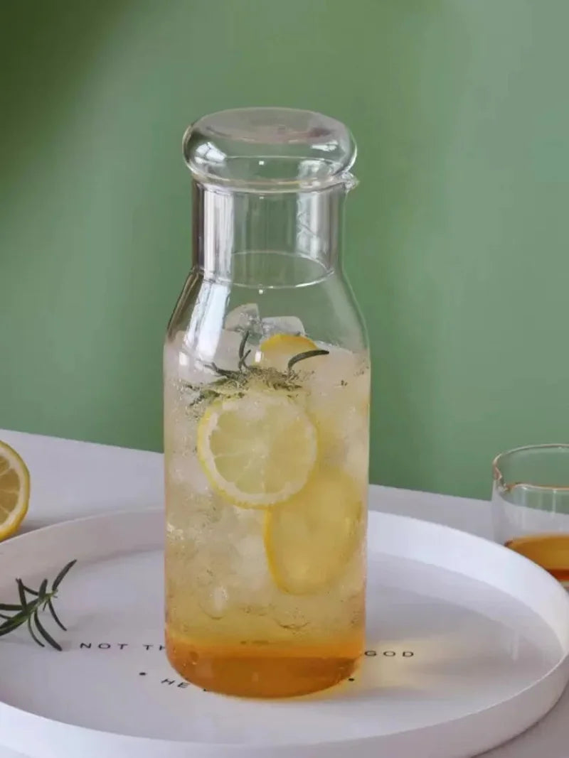 Glass carafe with cup lid modern water bottle minimalist infusion pitcher clear glass beverage container bedside carafe