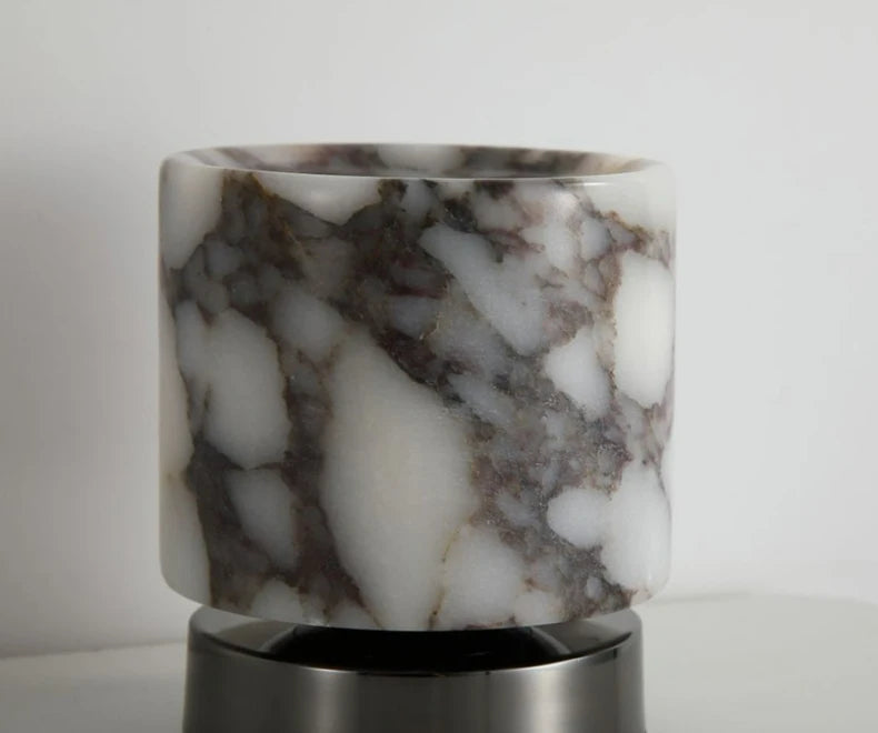 Marble LED bedside lamp soft glow sculptural natural stone cylinder and globe night light