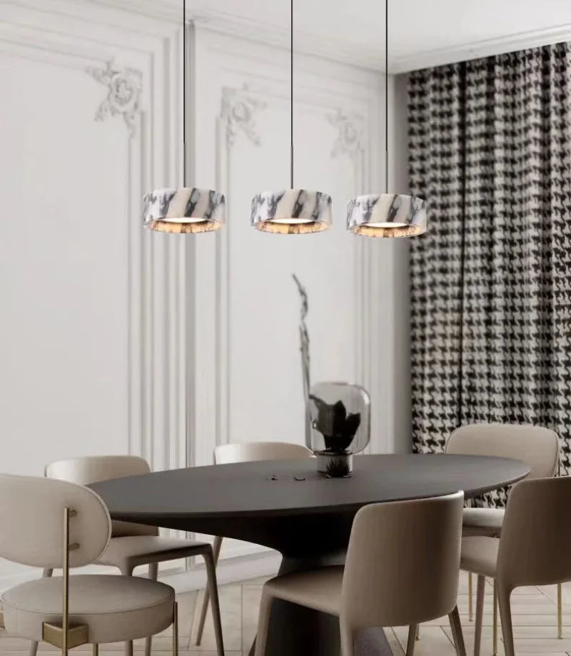 Modern natural stone Alabaster Core LED pendant lamp, dimmable marble chandelier with adjustable height for luxury bedroom bedside and kitchen bar