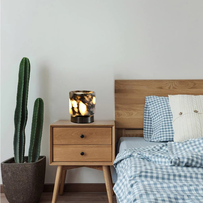 Marble LED bedside lamp soft glow sculptural natural stone cylinder and globe night light