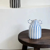 Ceramic Vase Double Ear Striped Glazed Black Blue Abstract Living Room Modern Decor