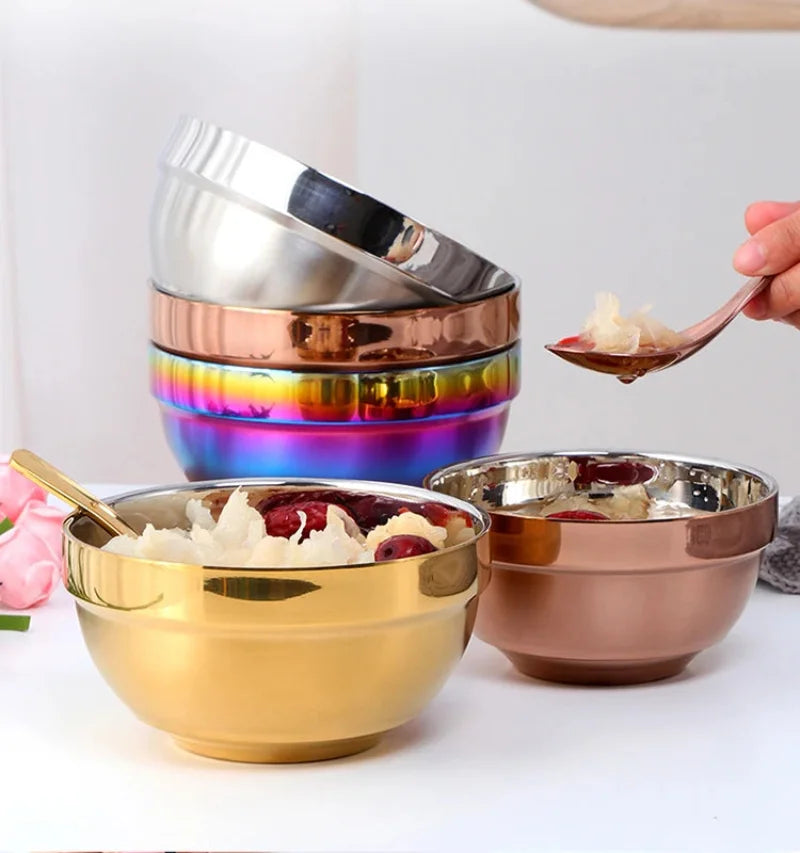Small&Big Stainless Steel Chinese Rainbow Round Bowl Rice Soup Double Hot Insulation Container Noodle Bowl Kitchen Tableware-Letifly Lights and Decor