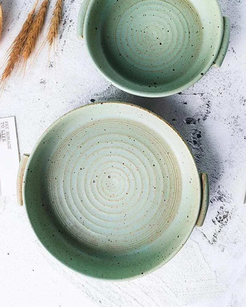 KINGLANG Handmade Rough Pottery Plate Retro Ceramic Household Dishes Japanese Fruit Plate with Handle-Letifly Lights and Decor
