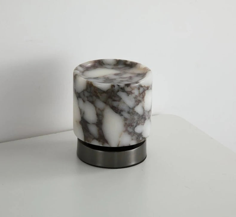 Marble LED bedside lamp soft glow sculptural natural stone cylinder and globe night light