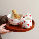 Ceramic heart print matcha bowl set with whisk holder and tea cup glossy white tea tools