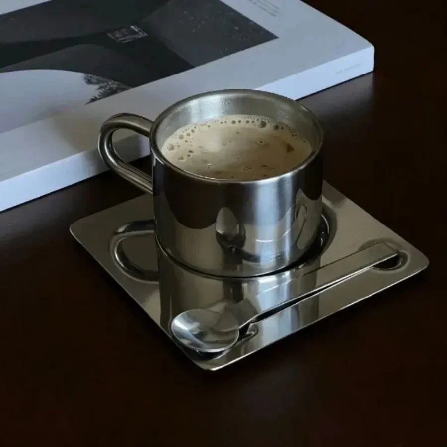 Stainless steel espresso cup and square saucer modern coffee tea set 3pc set with teaspoon