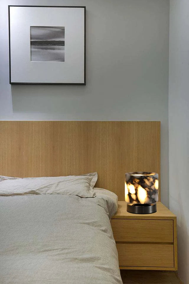 Marble LED bedside lamp soft glow sculptural natural stone cylinder and globe night light