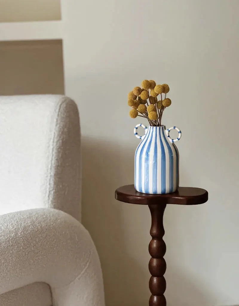 Ceramic Vase Double Ear Striped Glazed Black Blue Abstract Living Room Modern Decor