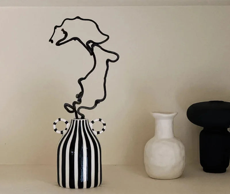 Ceramic Vase Double Ear Striped Glazed Black Blue Abstract Living Room Modern Decor