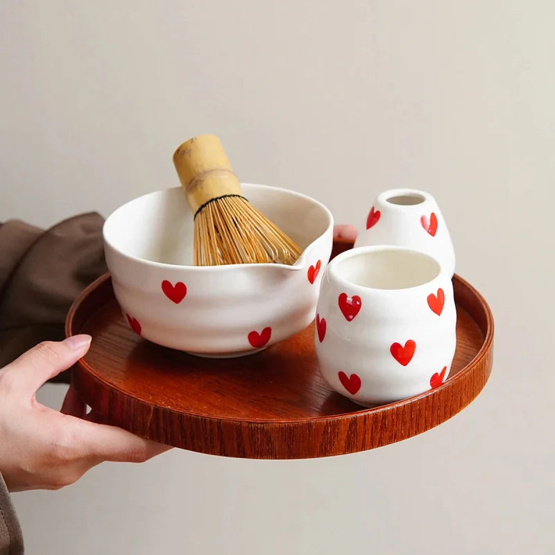 Ceramic heart print matcha bowl set with whisk holder and tea cup glossy white tea tools