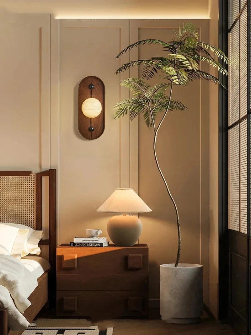 Marble Wall Lamp Sculptural Wood Frame Minimalist LED Japanese Modern Indoor Accent Lighting