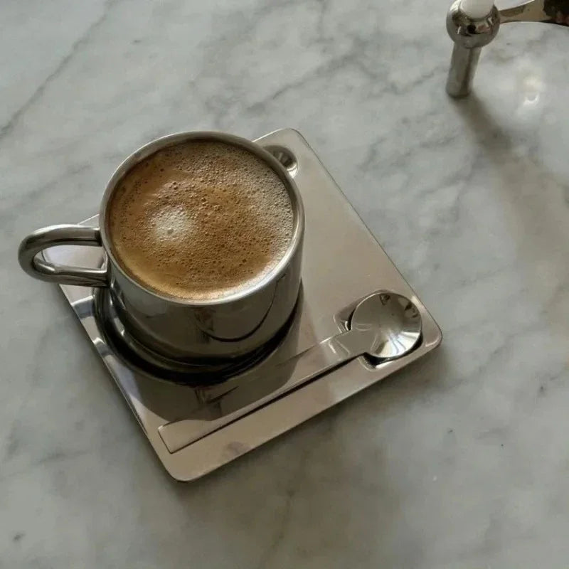 Stainless steel espresso cup and square saucer modern coffee tea set 3pc set with teaspoon