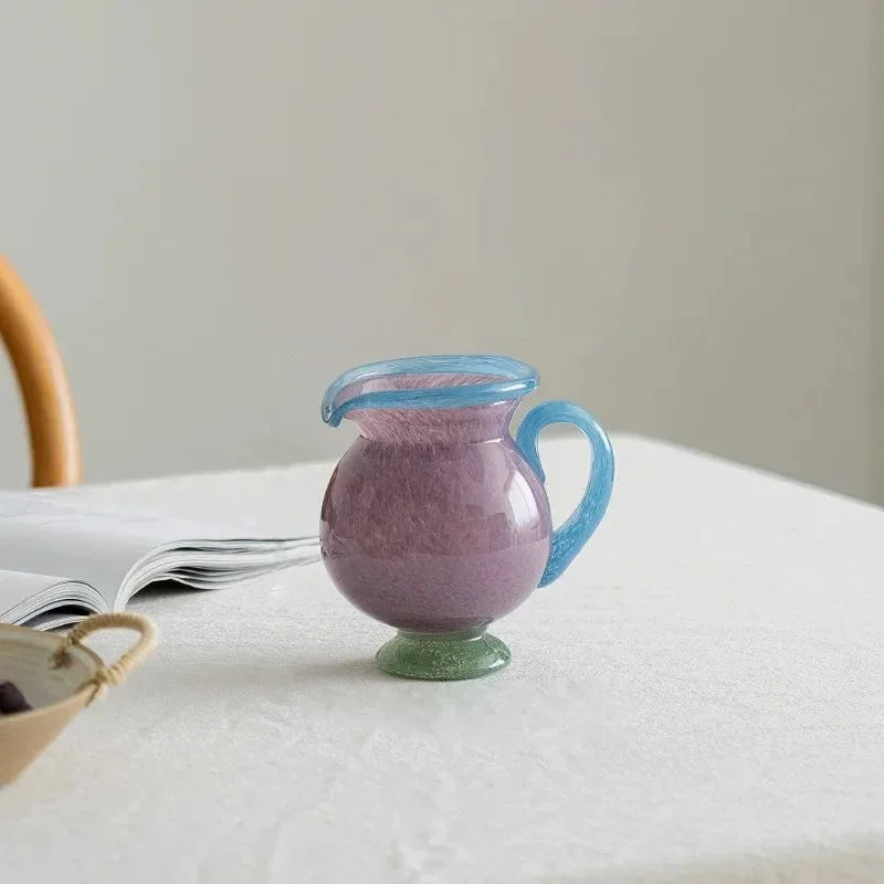 Handblown Glass Vase Colorful Dual Tone Spout Handle Pedestal Decorative Home Accent