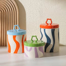 Retro colorful ceramic storage jar with lid wavy design glazed finish kitchen coffee candy container