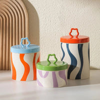 Retro colorful ceramic storage jar with lid wavy design glazed finish kitchen coffee candy container