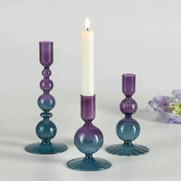 Colorful glass taper candle holders with ribbed and gradient design, set of 3 decorative centerpiece candlesticks