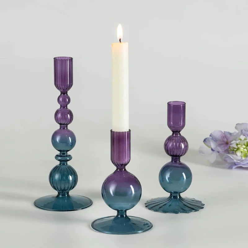 Colorful glass taper candle holders with ribbed and gradient design, set of 3 decorative centerpiece candlesticks