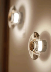 Modern round crystal LED wall sconce clear glass chrome mirror finish minimalist lighting