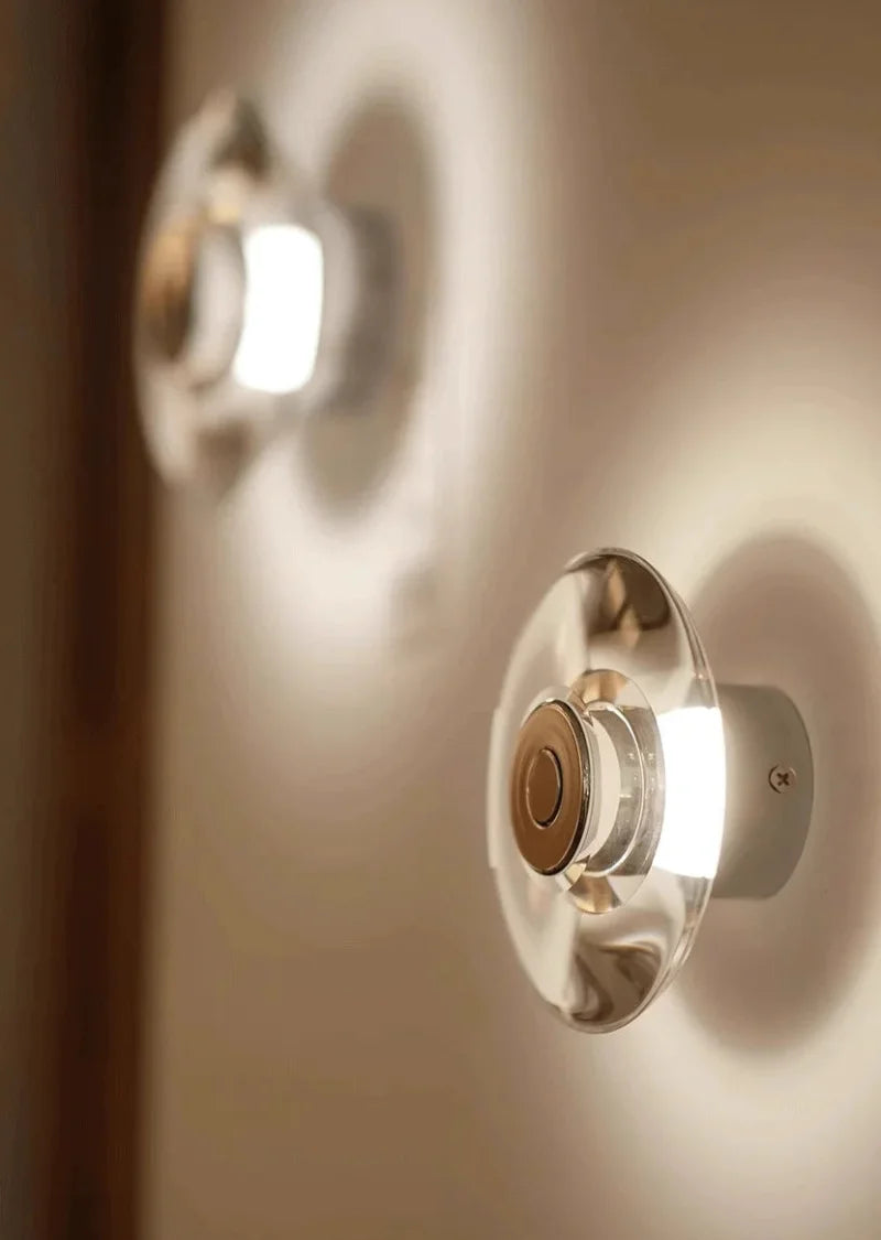 Modern round crystal LED wall sconce clear glass chrome mirror finish minimalist lighting