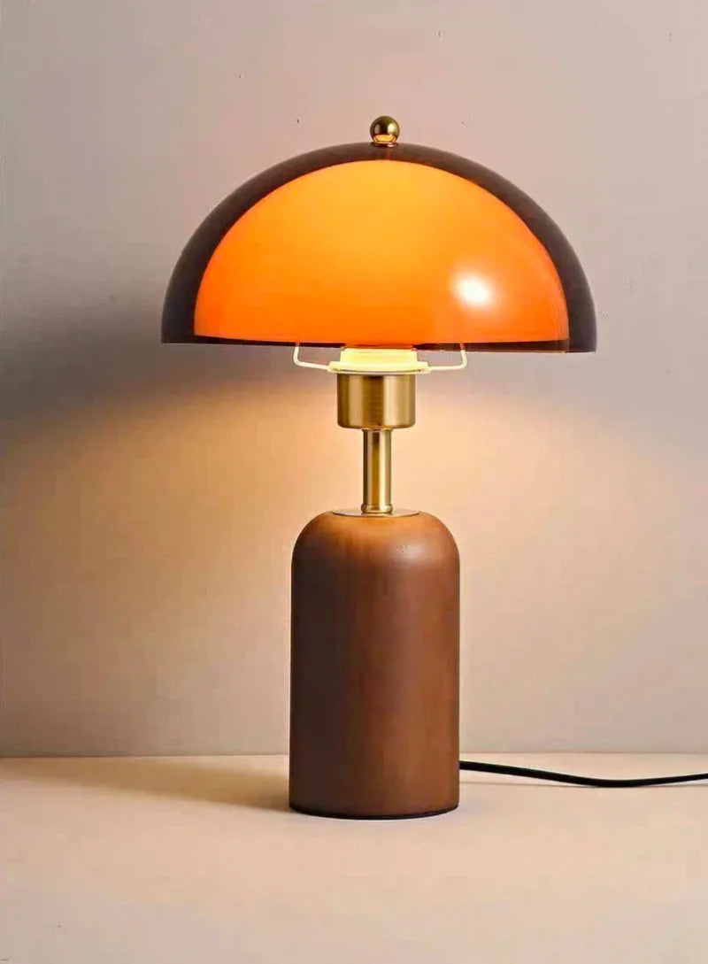Letifly Lights & Decor - Amber Dome Table Lamp - Amber acrylic dome table lamp with wood-look base and brass-toned stem