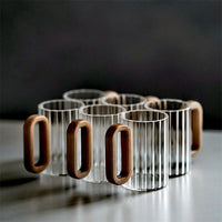 Glass Coffee Mug Ribbed 350ml Walnut Handle Heat Resistant Borosilicate Tea Milk Cup