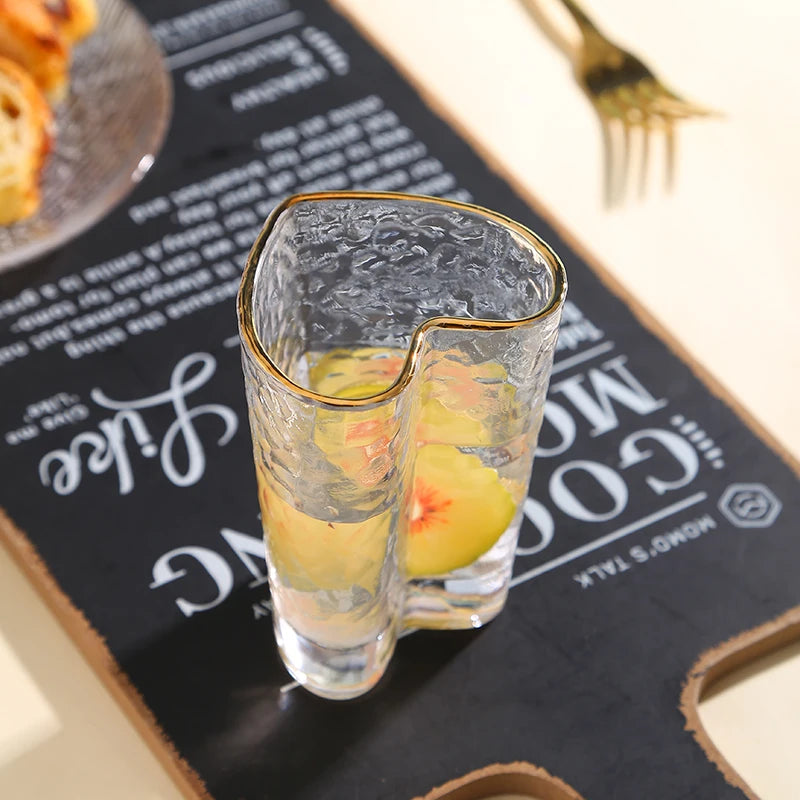 Nordic Lead Free Hammer Pattern Heart Shape Lovely Clear Glass Tumbler Cup with Gold Rim 210ml 7oz Cups for Lovers 1 Pc-Letifly Lights and Decor
