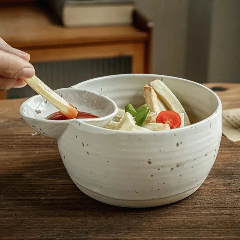 Letifly Lights & Decor - The Bistro Dip Bowl - Handcrafted ceramic snack bowl with integrated dipping compartment and speckled glaze finish
