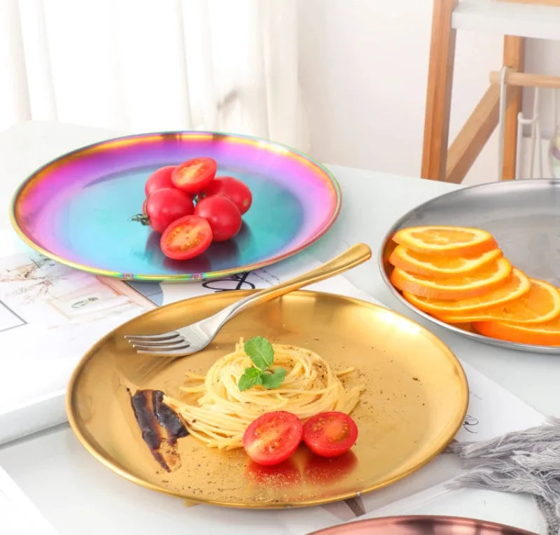 Stainless Steel Dinner Plates European Style Dessert Plate Kitchen Serving Dishes Salad Plate Cake Tray Western Steak Round Tray-Letifly Lights and Decor