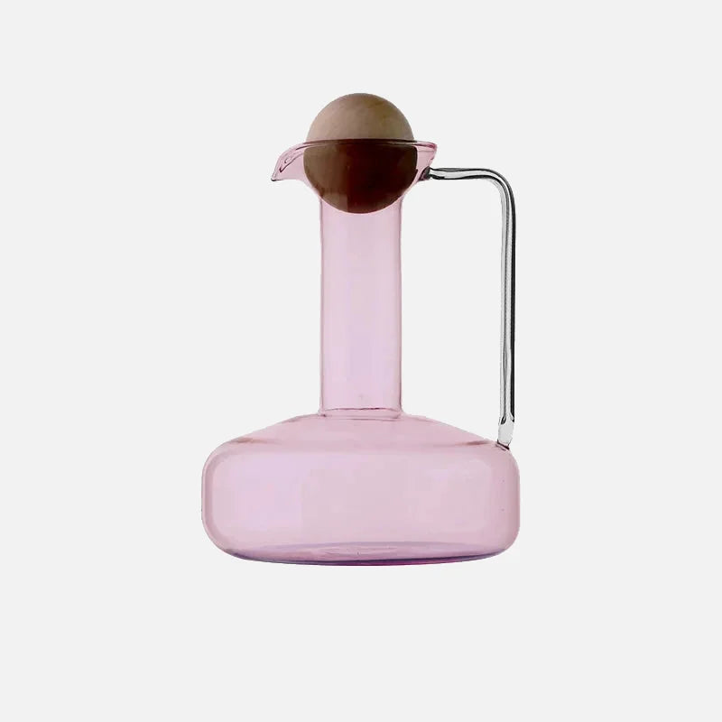 Colorful borosilicate glass kettle set with lid, modern pitcher with cup, pink blue grey clear 