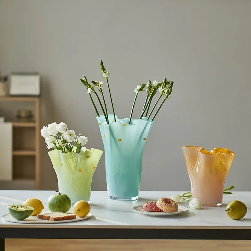 Glass vase gradient color wavy rim handblown ruffle edge pastel dotted accents