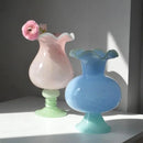 Pastel Pedestal Glass Vase Ruffle Top Romantic Fluted Home Decor Flower Arrangement Accent