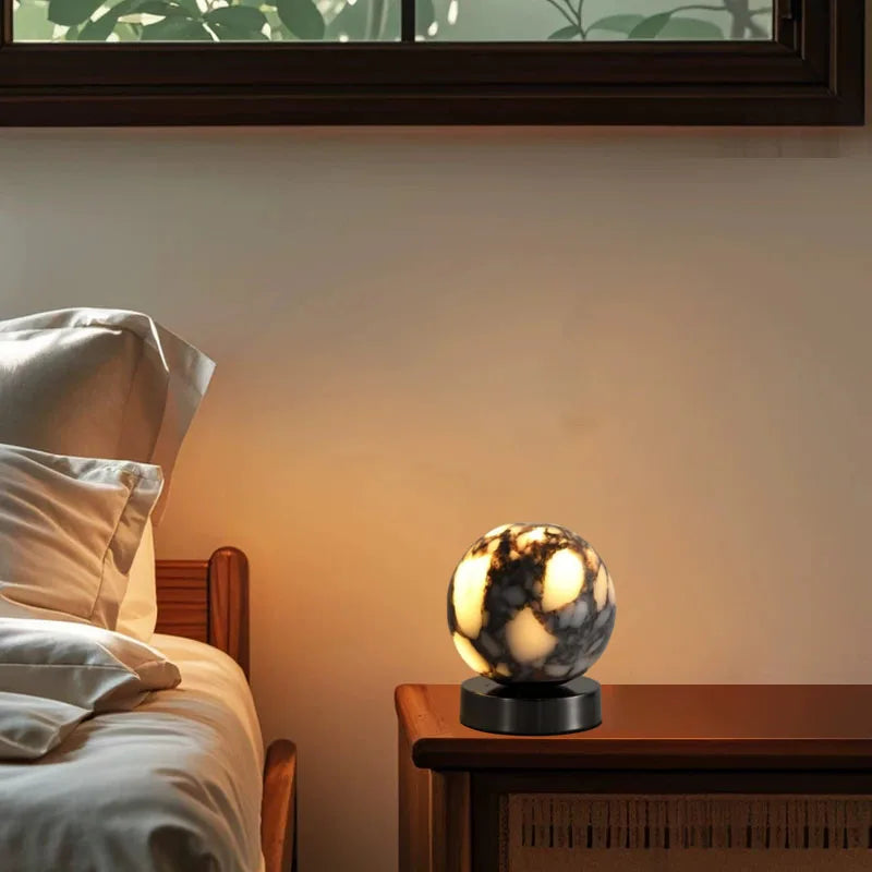 Marble LED bedside lamp soft glow sculptural natural stone cylinder and globe night light