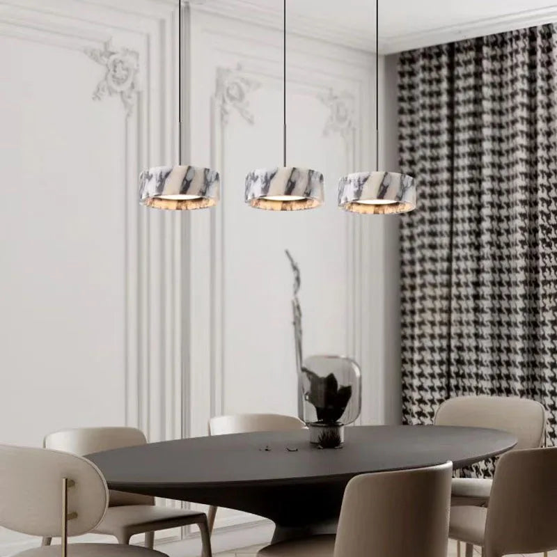 Modern natural stone Alabaster Core LED pendant lamp, dimmable marble chandelier with adjustable height for luxury bedroom bedside and kitchen bar