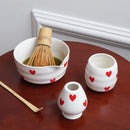 Ceramic heart print matcha bowl set with whisk holder and tea cup glossy white tea tools