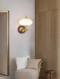  The Aurelia Sconce Walnut wood wall sconce with ribbed glass shade modern retro bedside light