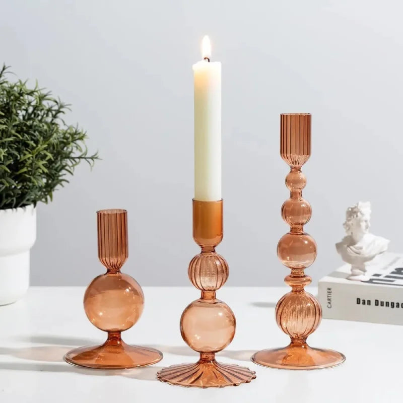 Colorful glass taper candle holders with ribbed and gradient design, set of 3 decorative centerpiece candlesticks