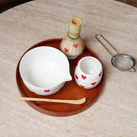 Ceramic heart print matcha bowl set with whisk holder and tea cup glossy white tea tools