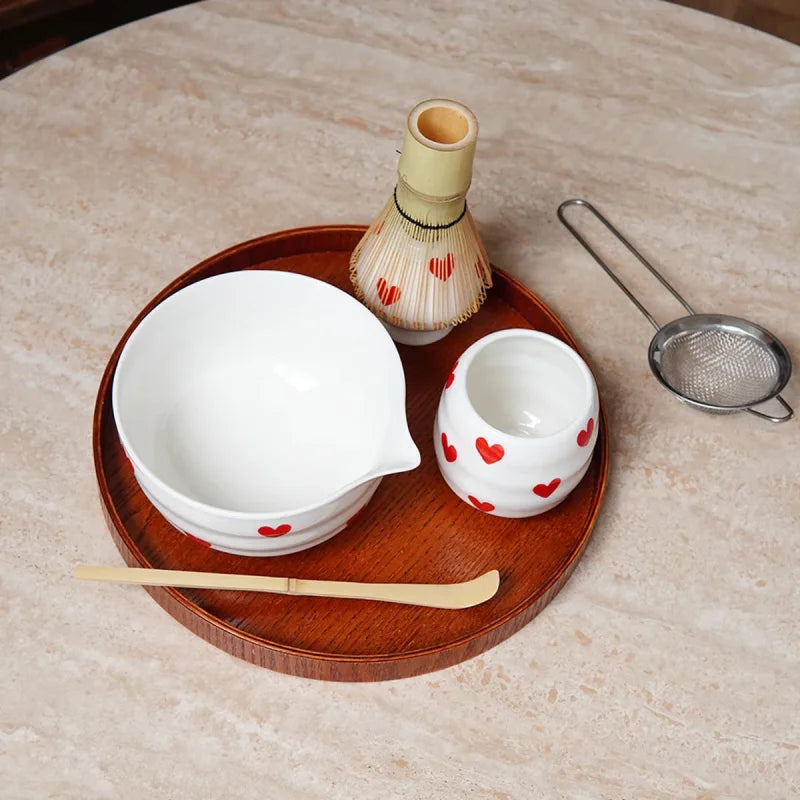 Ceramic heart print matcha bowl set with whisk holder and tea cup glossy white tea tools