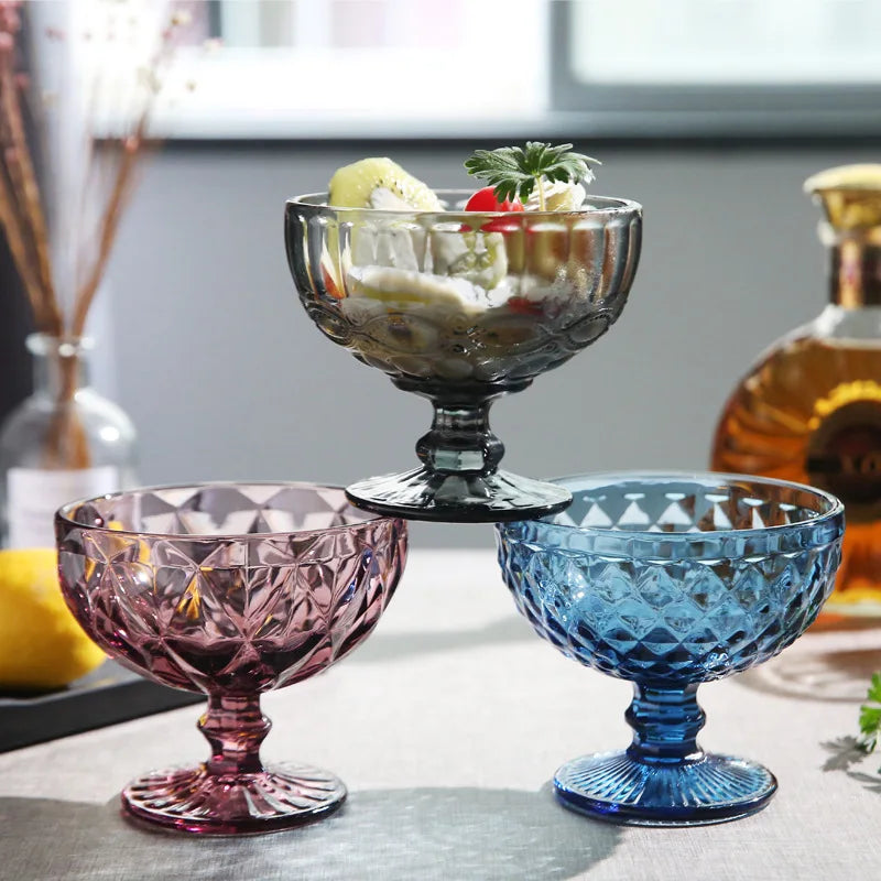 1 PC Vintage Embossed Solid Colored Goblet 300ml 10oz Glasses Goblets Stemware Ice Cream Dessert Cocktail Glass Cup Table Decor-Letifly Lights and Decor