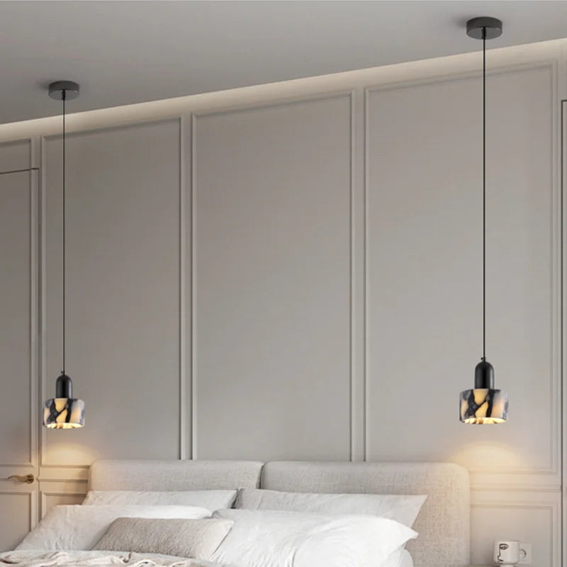 Carrara Eclipse Lamp Luxury Black Round Natural Stone Pendant Lamp High-end Bedroom Bedside LED Chandelier Living room Decoration Home Hanging Lights