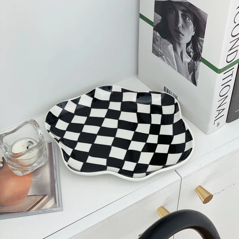 European Chessboard Ceramic Plate Black and White Checkered Irregular Tableware Dinner Plate Dinner Set Plates and Dishes-Letifly Lights and Decor