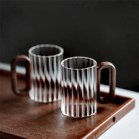 Glass Coffee Mug Ribbed 350ml Walnut Handle Heat Resistant Borosilicate Tea Milk Cup