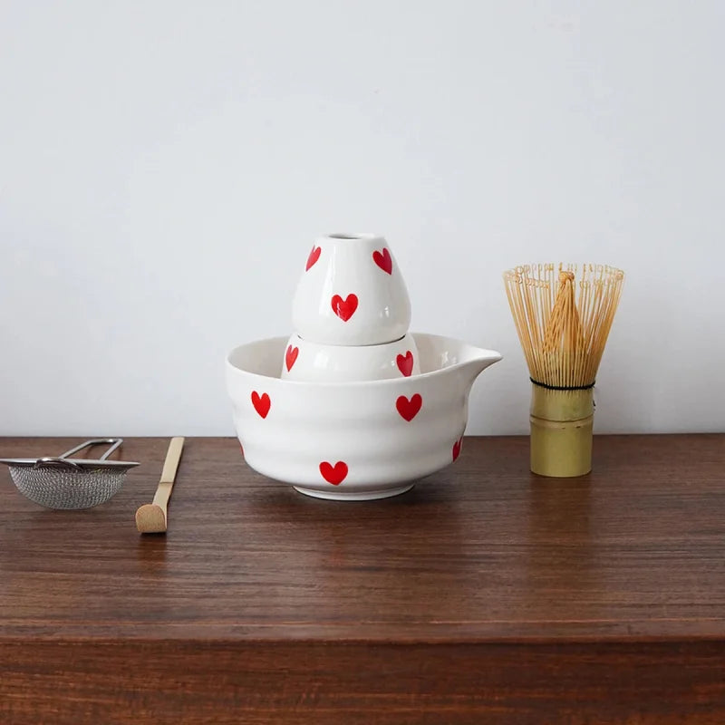 Ceramic heart print matcha bowl set with whisk holder and tea cup glossy white tea tools