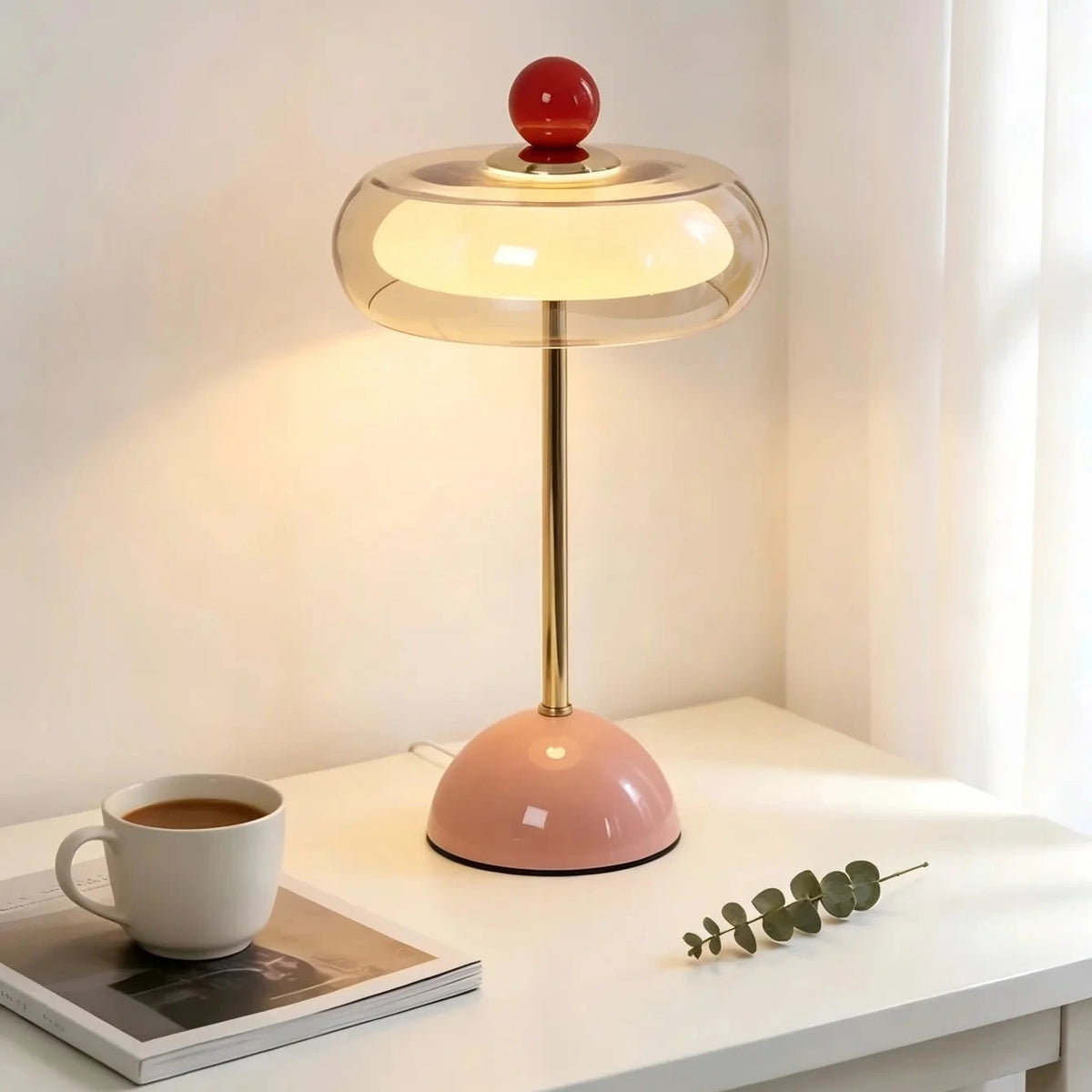 Mid-Century Modern Glass Table Lamp Vintage LED Bedside Desk Lamp Golden Metal Pole Bedroom Nightstand Decor Light-Letifly Lights and Decor
