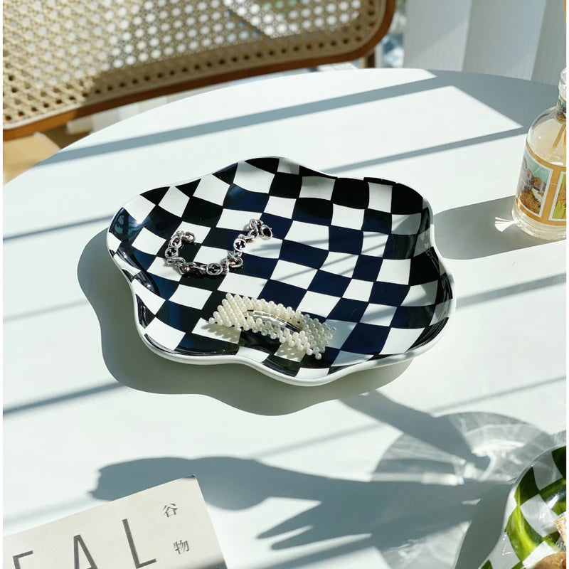 European Chessboard Ceramic Plate Black and White Checkered Irregular Tableware Dinner Plate Dinner Set Plates and Dishes-Letifly Lights and Decor