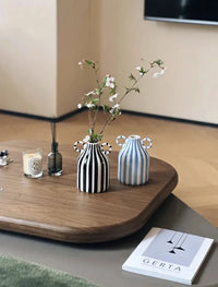Ceramic Vase Double Ear Striped Glazed Black Blue Abstract Living Room Modern Decor