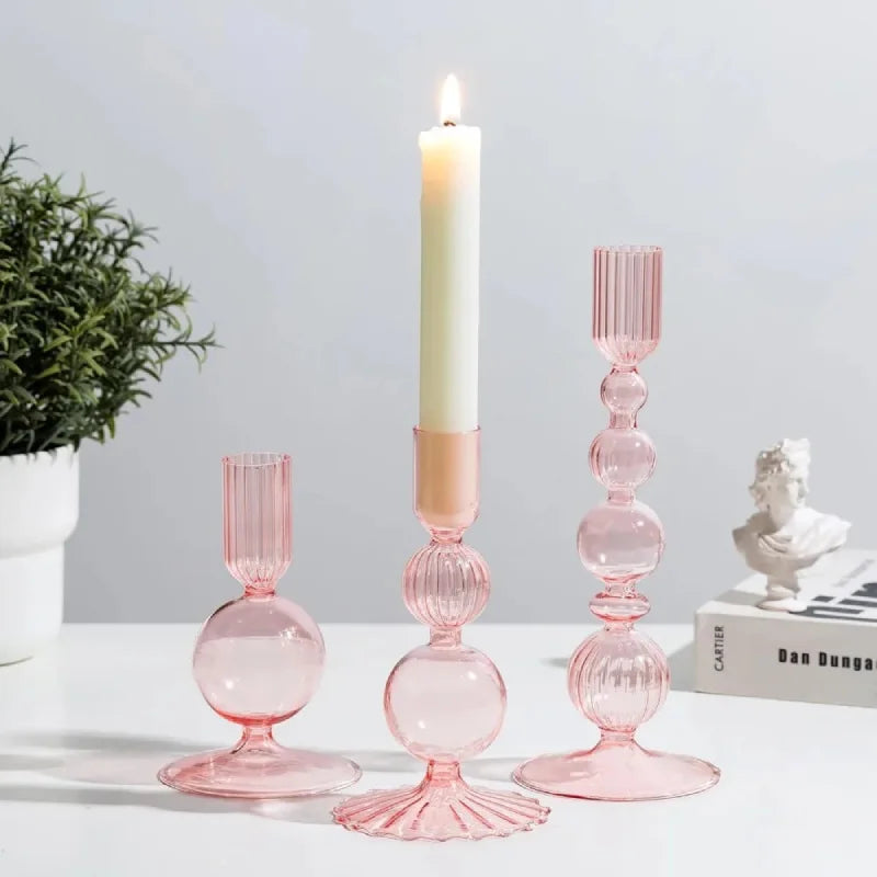 Colorful glass taper candle holders with ribbed and gradient design, set of 3 decorative centerpiece candlesticks
