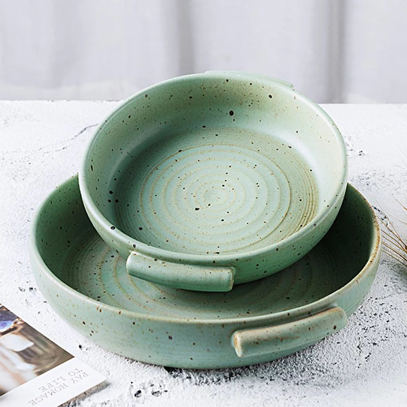 KINGLANG Handmade Rough Pottery Plate Retro Ceramic Household Dishes Japanese Fruit Plate with Handle-Letifly Lights and Decor